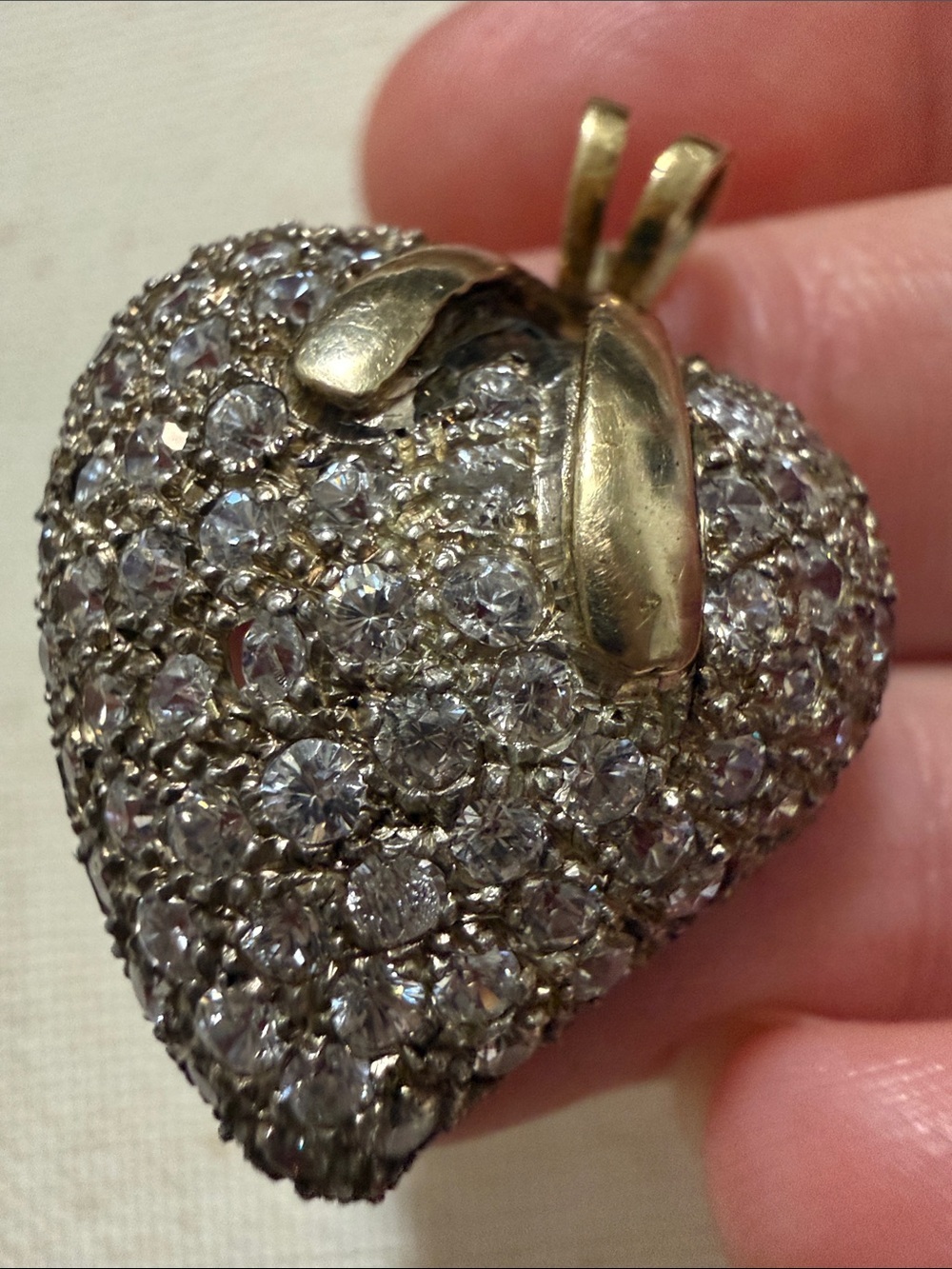 14K (585) & 925 Sterling Silver Strawberry Pendant W/Clear Crystal Pave - Picture 14 of 17